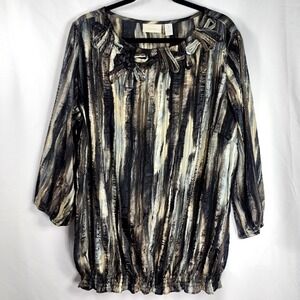 Chicos Neutral Abstract Stripe Top Womens 3 14 Indie Ruffled Metallic Maximalist